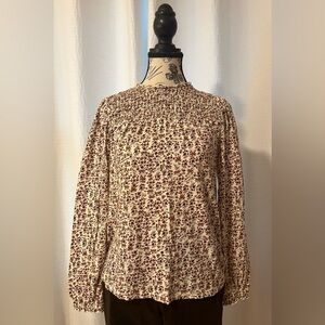Lucky Brand Cream Floral Smocked Blouse with Burgundy and Brown
